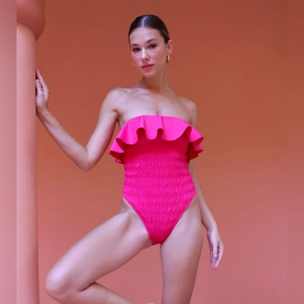 Cleobella NWT Women's XS Amelia Smocked Ruffle One-Piece Swimsuit Magenta‎ Pink